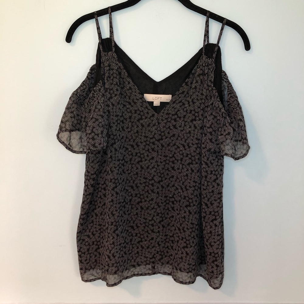 Loft Black & White Print Cold Shoulder Short Sleeve Blouse Size Small